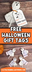 Ghost-themed Halloween printable tags attached to a ghost lollipop on a wooden background with the text Have a Boo-tastic Halloween! on white cards.