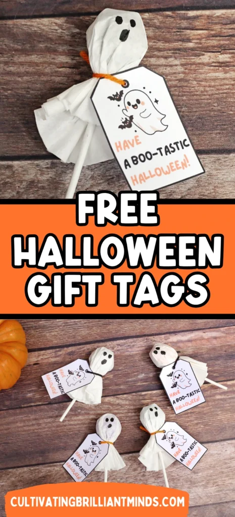 Ghost-themed Halloween printable tags attached to a ghost lollipop on a wooden background with the text Have a Boo-tastic Halloween! on white cards.