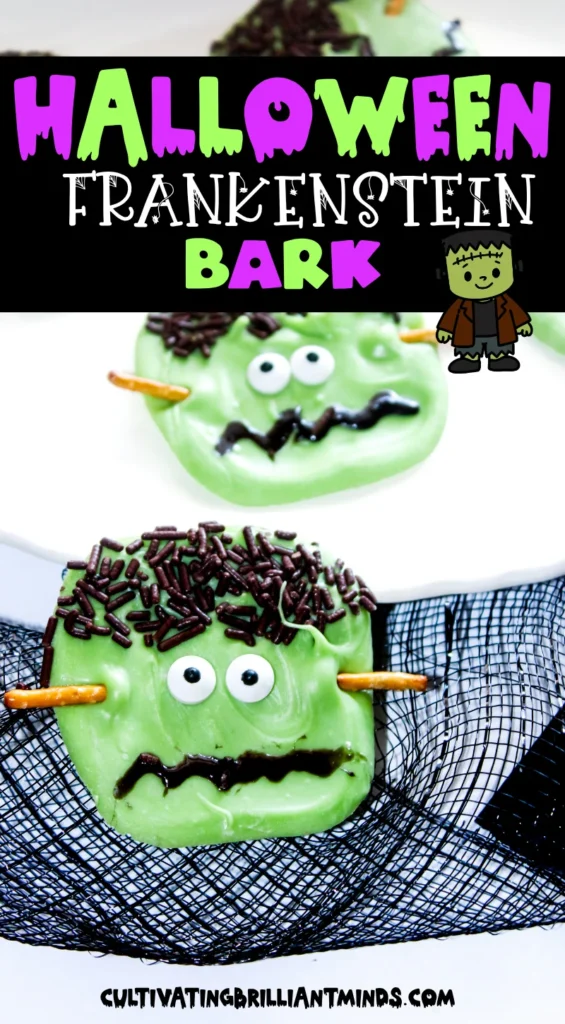 green chocolate bark decorated to look like frankenstein