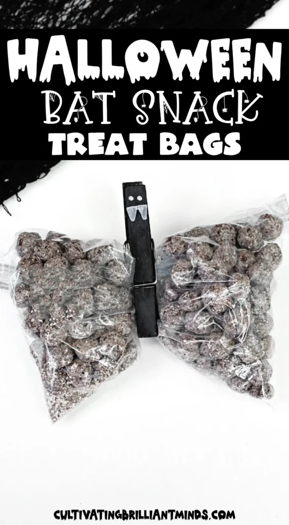 Bat Snack Bags - Cultivating Brilliant Minds snack bags filled with chocolate cereal with a clothespin to look like a bat