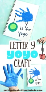 a blue handprint with a yoyo and words that read "y is for yo yo"