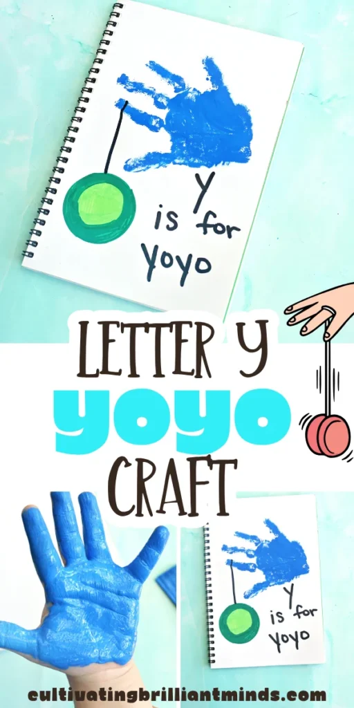 a blue handprint with a yoyo and words that read "y is for yo yo"