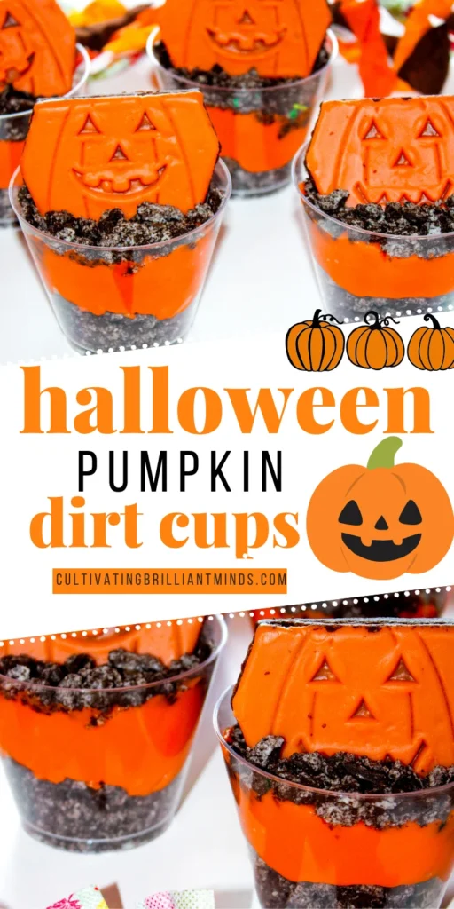 Halloween Dirt cups with crushed oreos, orange dyed pudding, and little debbie pumpkin brownies