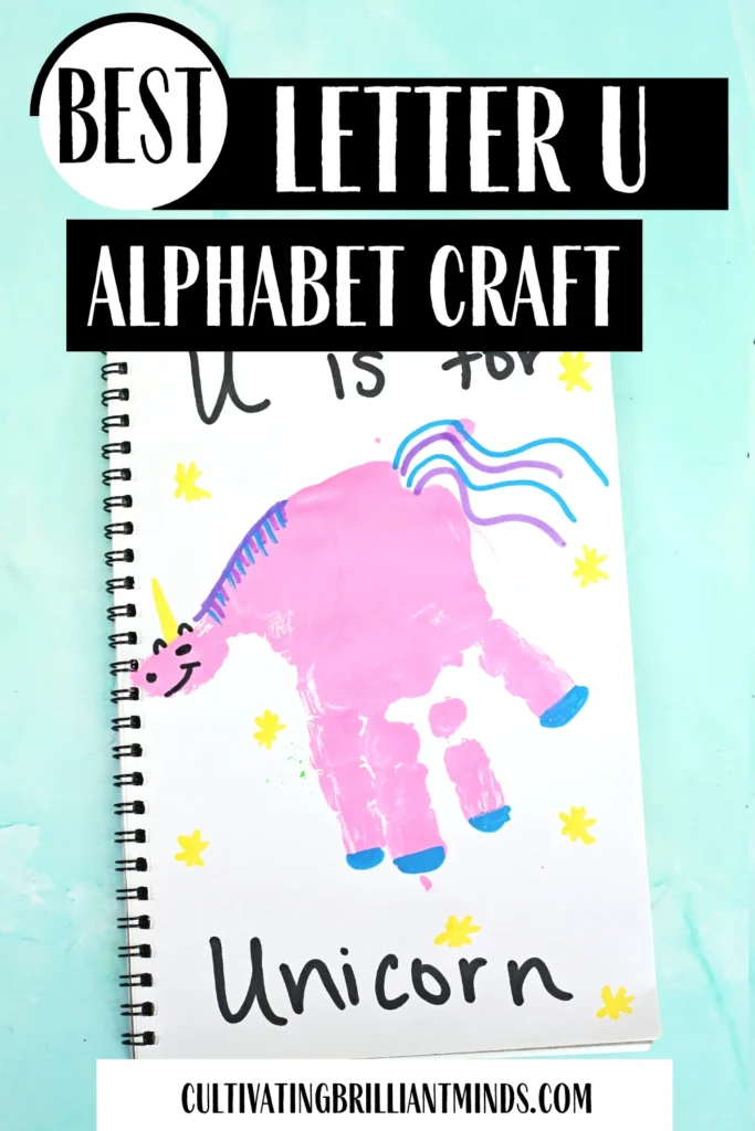 a Letter U Handprint Craft of a unicorn that reads "U is for unicorn"