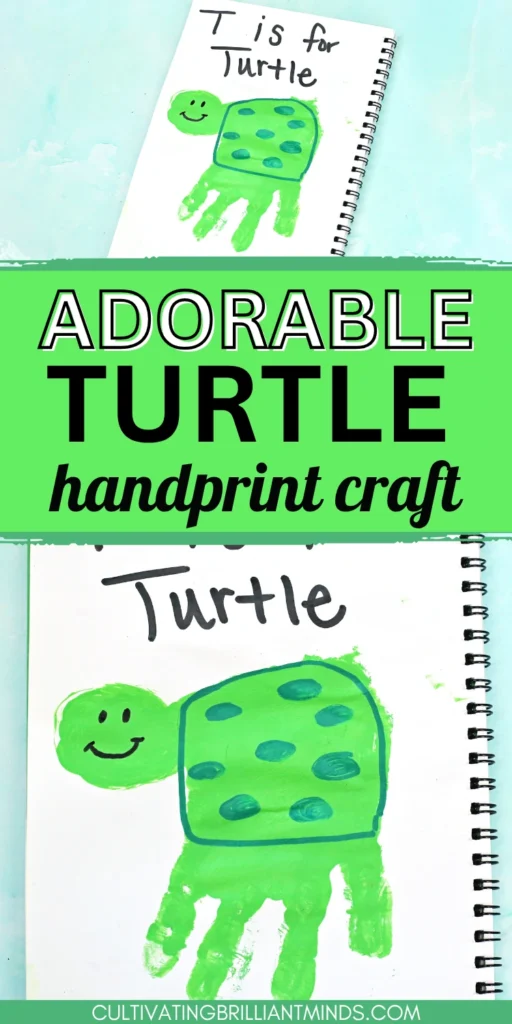Notebook page showing a smiling green turtle drawing with the caption'T is for Turtle'