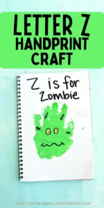 a green handprint decorated to look like a zombie