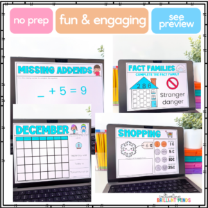 collage of four tablet screens with kid-friendly learning activities: Missing Addends, Fact Families, December calendar, and Shopping with coins.