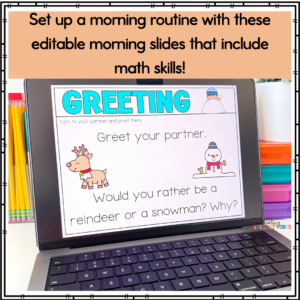 Laptop on a desk displaying a slide titled GREETING with prompts to greet a partner and a 'Would you rather be a reindeer or a snowman? Why?' question; morning routine banner text visible above the slide.