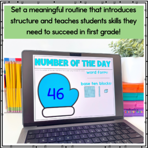 Laptop screen shows a 'Number of the Day' slide with the number 46 and base-ten blocks, in a classroom setup.