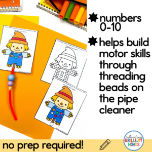 Colorful classroom bead-threading activity with cartoon cards for counting 0–10, building fine motor skills on a pipe cleaner.
