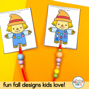 Two printable scarecrow craft cards with colorful bead strings on an orange background.