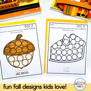 Two fall-themed Dot It worksheets: an acorn on the left and a pie on the right, each with circles to dot using markers, surrounded by colorful supplies.