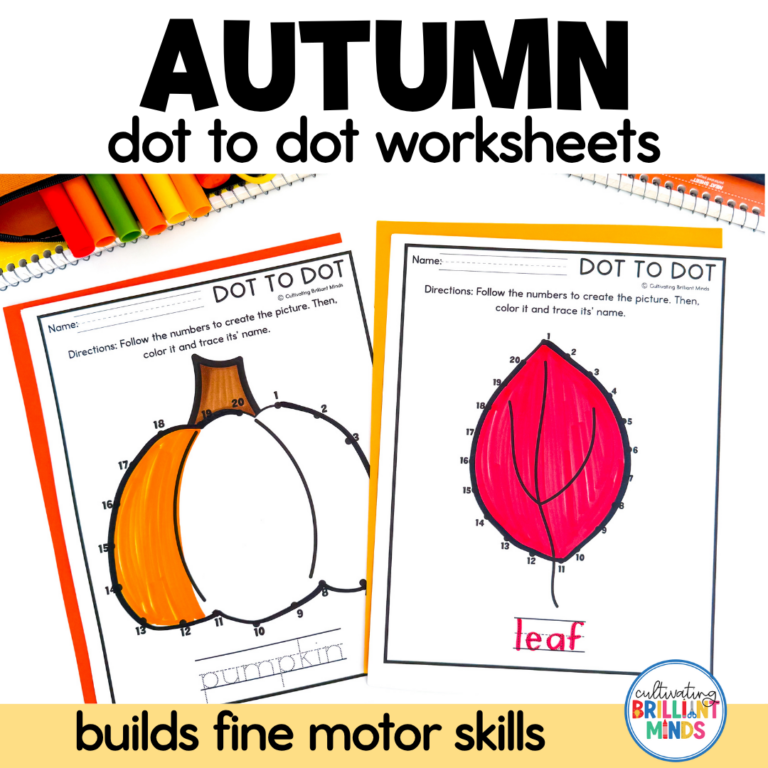 Autumn-themed dot-to-dot worksheets cover with a pumpkin on the left and a leaf on the right, for building fine motor skills.