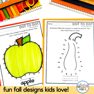 Two kids' Dot-to-Dot worksheets: left shows a colored-in apple labeled 'apple', right shows a numbered gourd outline; colorful pencils rest above.