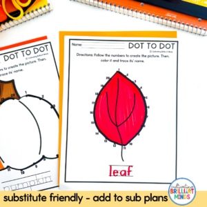 Leaf-shaped dot-to-dot coloring worksheet with a red leaf outline and the word 'leaf' underneath, ready for tracing and coloring.