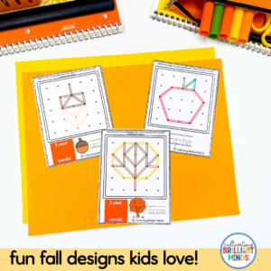 Three string-art templates on a bright orange background showing fall shapes (a leaf, a heart/tree-like design, and a geometric form) for kids' crafts with colored bands intertwined in the designs.