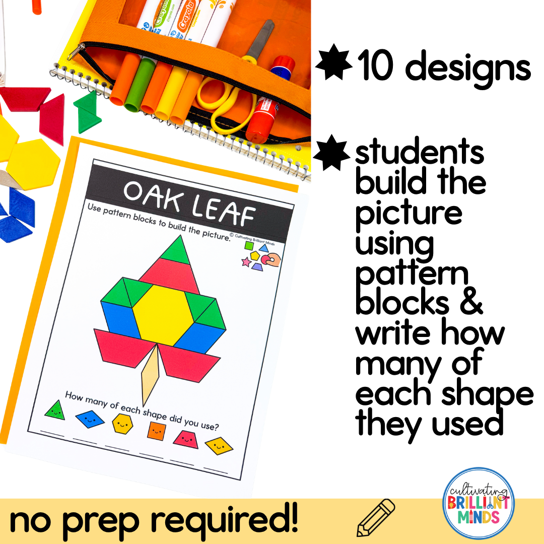 Fall Pattern Blocks - Cultivating Brilliant Minds Colorful pattern-block activity sheet titled 'Oak Leaf' with scattered shapes and a zipper pencil case nearby.