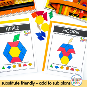 Two pattern-block worksheets labeled APPLE and ACORN with colorful geometric shapes, surrounded by pattern blocks and school supplies on a white desk area.