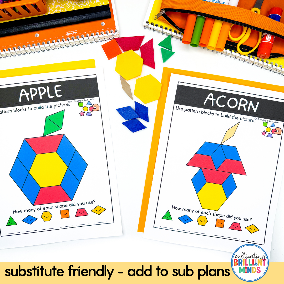 Fall Pattern Blocks - Cultivating Brilliant Minds Two pattern-block worksheets labeled APPLE and ACORN with colorful geometric shapes, surrounded by pattern blocks and school supplies on a white desk area.