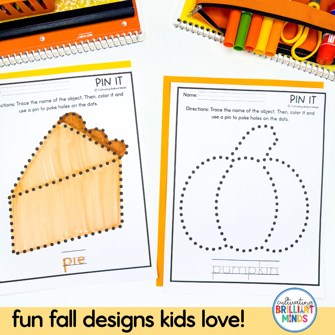Fall Pin Poke Worksheets 3 - Cultivating Brilliant Minds Two fall tracing sheets on a desk: left a colored pie to color, right a pumpkin to trace with dotted lines; supplies surround them.