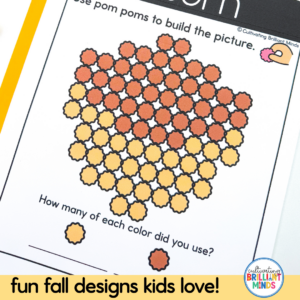 Educational activity page showing a circular cluster of orange to yellow pom-pom-like circles on white paper, with the prompt 'How many of each color did you use?'