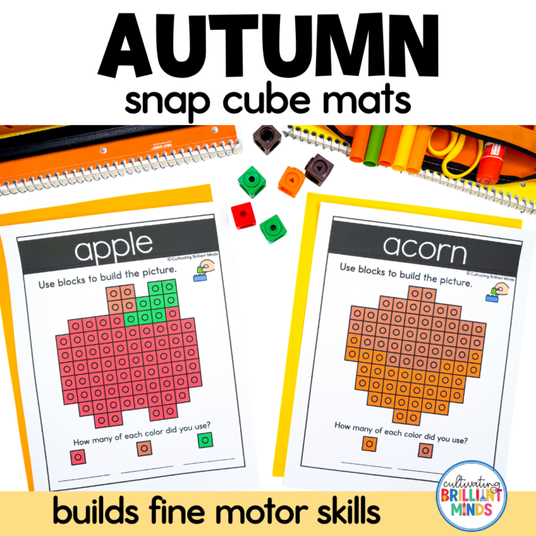 Autumn snap cube mats—two activity sheets with apple and acorn patterns to build fine motor skills using colorful blocks and guided prompts.