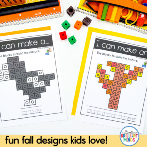 Two kids' activity worksheets where blocks are used to build pictures; left page has grayscale blocks, right page shows a colorful fall-themed tree made of blocks, with school supplies around them.