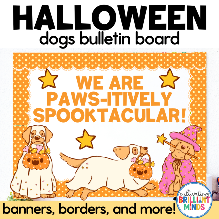 Halloween-themed dog bulletin board with three costumed dogs, pumpkins, stars, and bold orange text reading 'We are paws-itively spooktacular'.