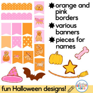 Colorful Halloween design sheet with orange and pink borders, pennant banners, pumpkins, a bat, star, bone, witch hat, wand, and playful dog illustrations.