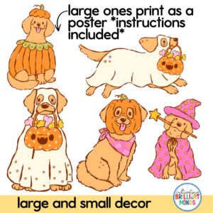 Group of cartoon dogs in pumpkin costumes and Halloween outfits, shown as a printable decor sheet for large and small posters.