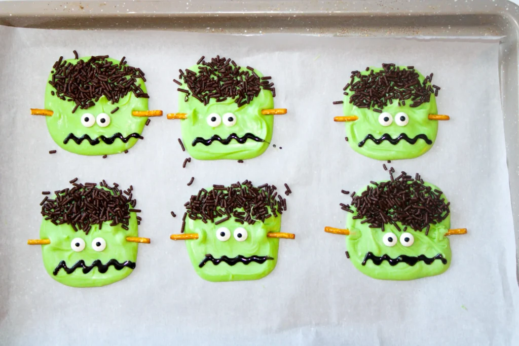 green chocolate bark decorated to look like ]frankenstein