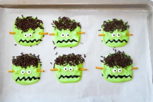 green chocolate bark decorated to look like ]frankenstein