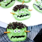 green chocolate bark decorated to look like ]frankenstein