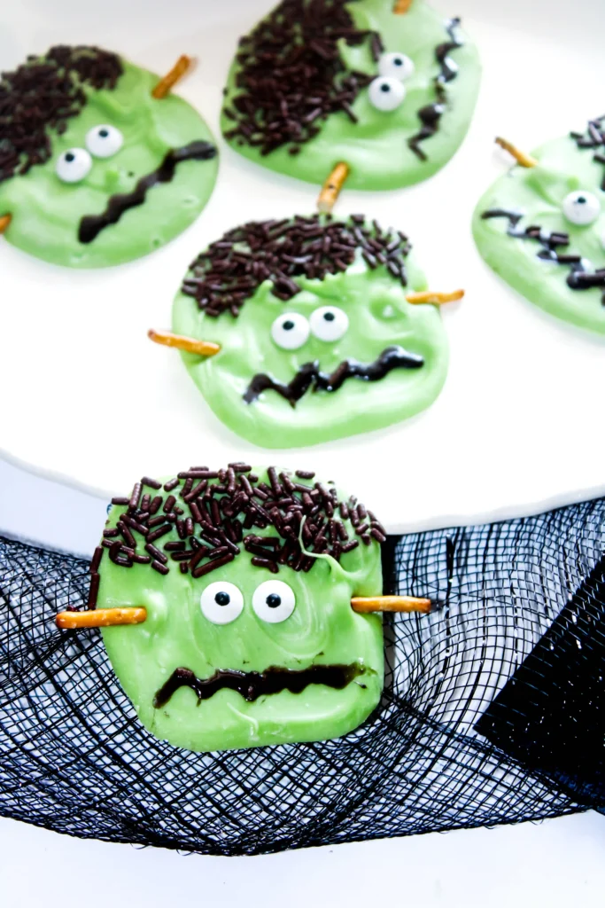 green chocolate bark decorated to look like frankenstein