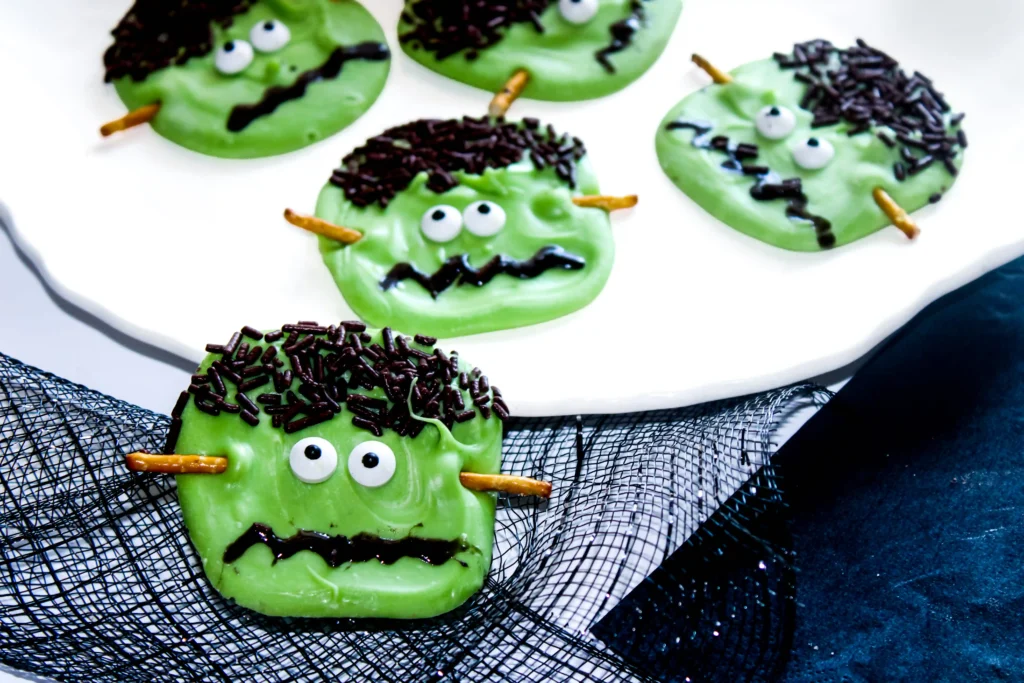 green chocolate bark decorated to look like ]frankenstein