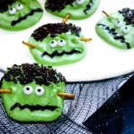 green chocolate bark decorated to look like ]frankenstein