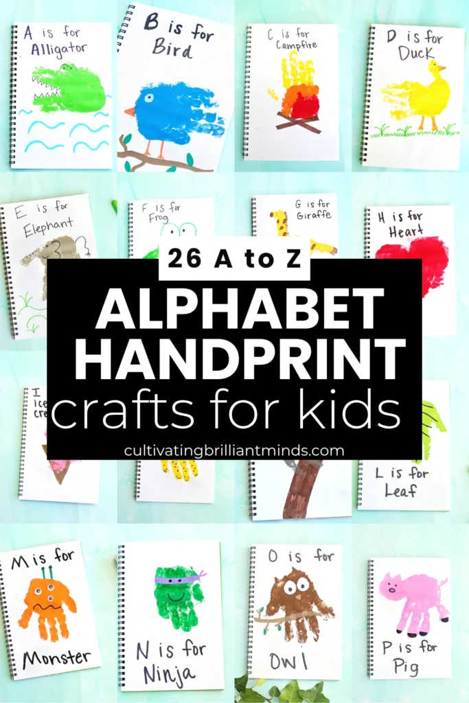 a collage of alphabet handprint crafts for kids