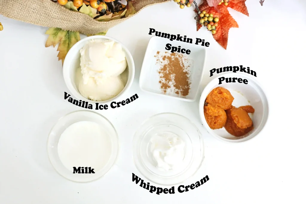ingredients for the pumpkin pie milkshake: vanilla ice cream, whipped cream, milk, pumpkin puree, and pumpkin pie spice in white bowls, with autumn leaves in the background. The image also shows overlaid text labels such as'Vanilla Ice Cream', 'Milk', 'Whipped Cream', 'Pumpkin Puree', and 'Pumpkin Pie Spice'.