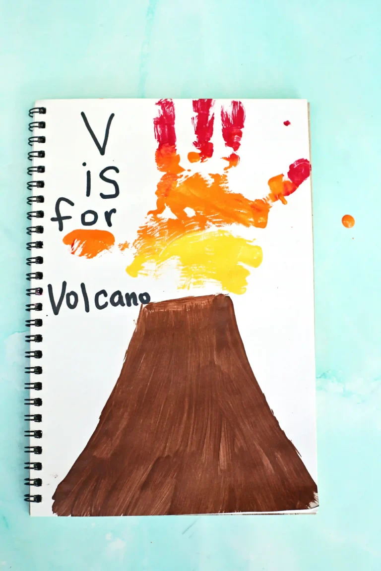 a Letter V Handprint Craft of a volcano and the handprint is the lava