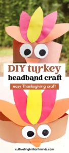 Two layered paper turkey headbands with bright feathers and big eyes for a Thanksgiving craft.