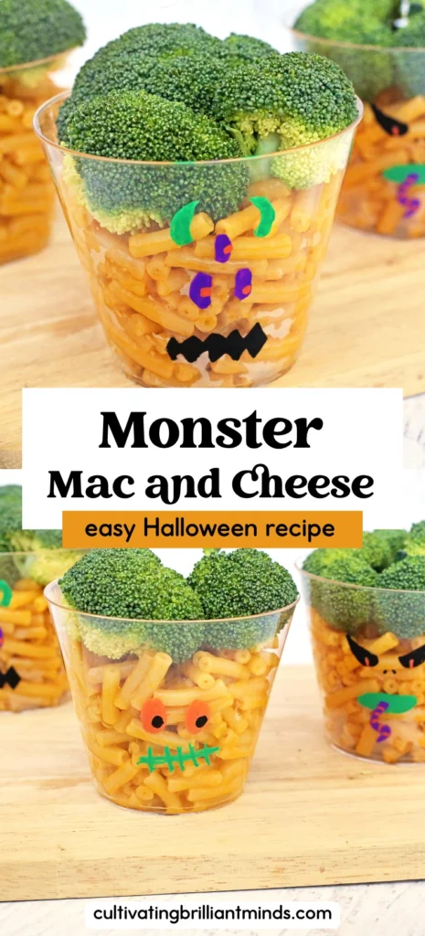 Three clear cups on a wooden surface, each filled with pasta and topped with broccoli florets, decorated with colorful paper shapes for a playful snack.