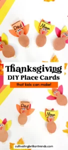 Colorful DIY Thanksgiving place cards featuring brown turkey shapes with orange and yellow feather cutouts and signs reading 'Dad' and 'Mom'.