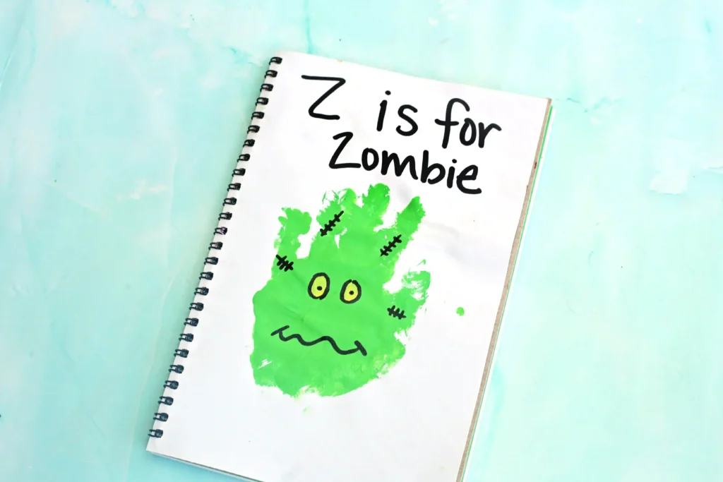 a green handprint decorated to look like a zombie