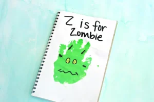 a green handprint decorated to look like a zombie