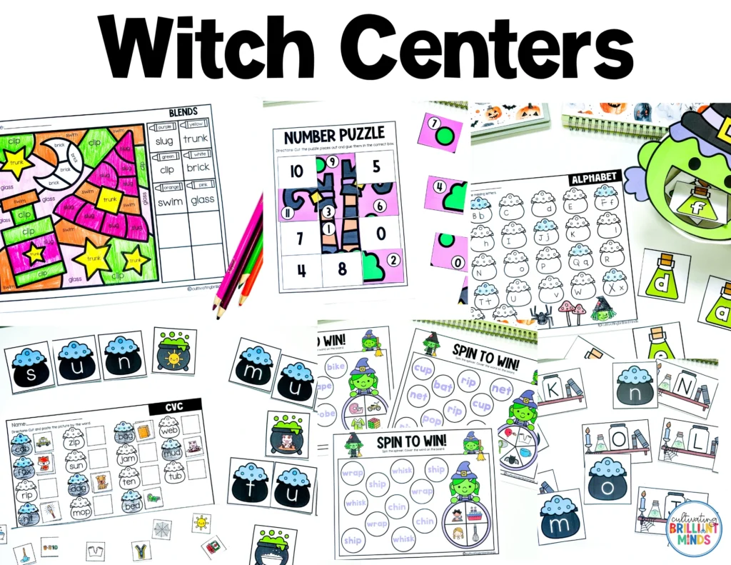 Thematic Centers - Cultivating Brilliant Minds a collage of witch themed centers