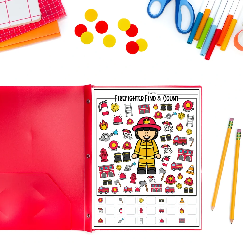 a firefighter Activity Pack with a search and count worksheet