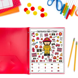 Firefighter-themed Find & Count worksheet open in a red binder, featuring a cartoon firefighter surrounded by icons like fire trucks, hydrants, ladders, and flames.