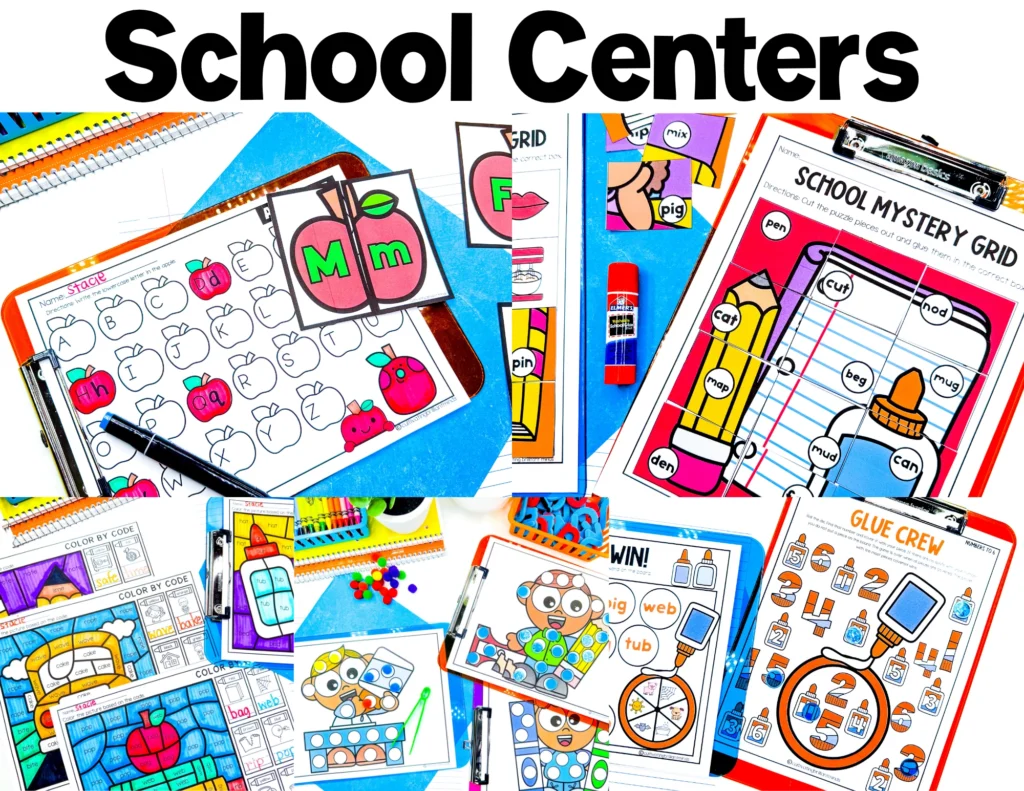 Thematic Centers - Cultivating Brilliant Minds Colorful early-education worksheets and school supplies spread across a desk, including letter cards and math activity pages.