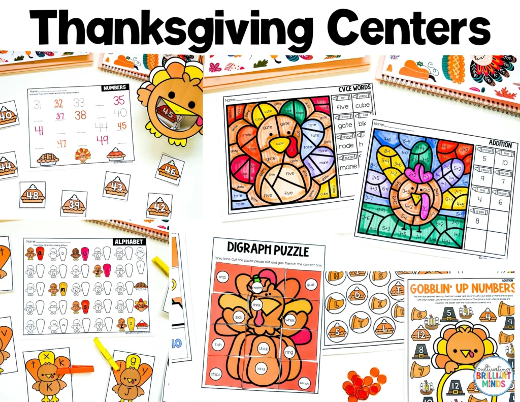 Thematic Centers - Cultivating Brilliant Minds a collage of thanksgiving centers