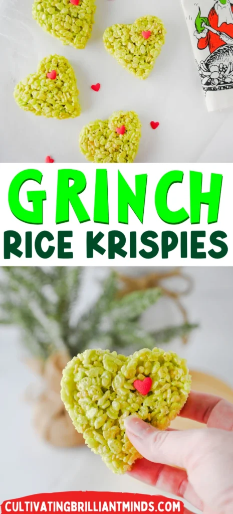 Heart-shaped green rice krispie treats with pink heart sprinkles on a white marble surface with a festive cartoon napkin nearby